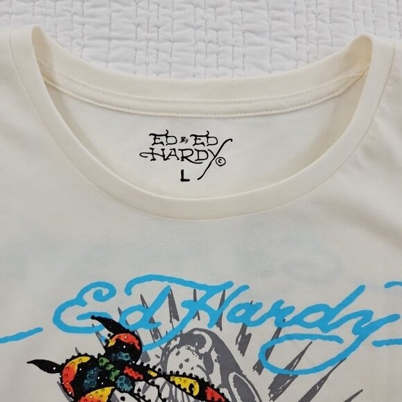 Ed Hardy Crop Tee Women's Large Rhinestone Butterfly Top NWT Logo Art Piece NEW - Picture 6 of 12